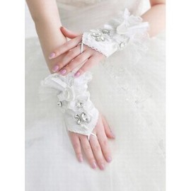 Dentelle avec cristal blanc Gants de mariée de luxe - Photo 2