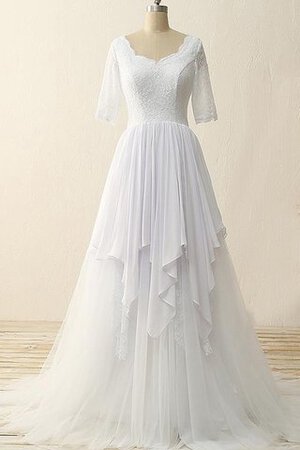 Robe de mariée de traîne courte en satin avec chiffon textile en tulle avec manche 1/2