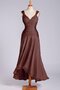 Robe demoiselle d'honneur naturel arrivée au mollet encolure en carré ruché avec chiffon