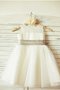 Robe cortège fille naturel ligne a arrivée au mollet avec fleurs encolure ronde