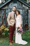 Robe de mariée naturel de traîne courte d'epaule ajourée gaine avec manche 3/4
