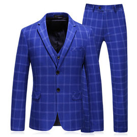 Costume de mariage 3 pièces veste + pantalon + gilet fête décontracté gris bleu plaid