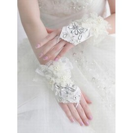 Satin perles ivoire Gants de mariée de luxe - Photo 2