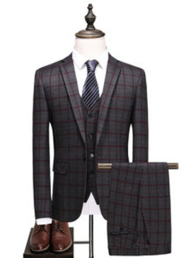 Plaid costume blazer costumes pour hommes veste + pantalon + gilet 3 pièces gentleman