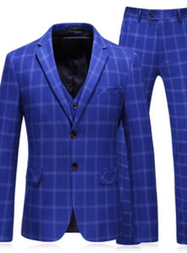 Costume de mariage 3 pièces veste + pantalon + gilet fête décontracté gris bleu plaid