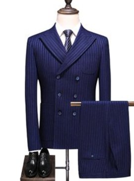 Rayé 3 pièces costumes pour hommes bleu marine double boutonnage vêtements