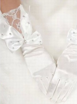 Satin avec cristal blanc élégant | Gants de mariée modestes