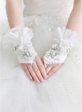 Dentelle avec cristal blanc Gants de mariée de luxe