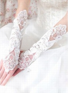 Satin blanc avec applications Gants de mariée modestes