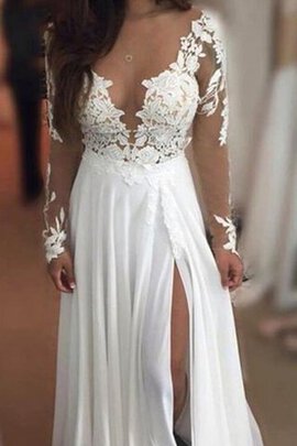 Robe de bal romantique avec manche longue avec chiffon avec décoration dentelle v encolure