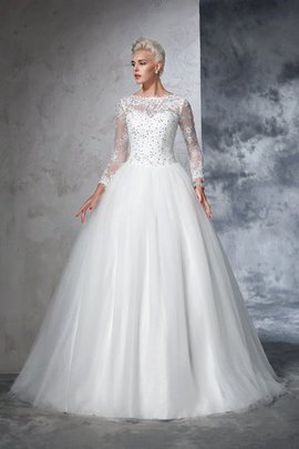 Robe de mariée longue col en bateau avec zip de traîne courte avec manche longue