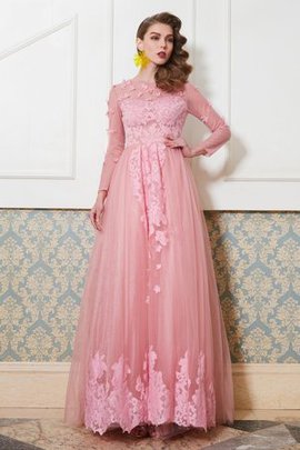 Robe de bal a-ligne textile en tulle appliques encolure ronde de princesse