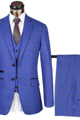 Costumes hommes plaid taille européenne décontracté bleu royal 3 pièces
