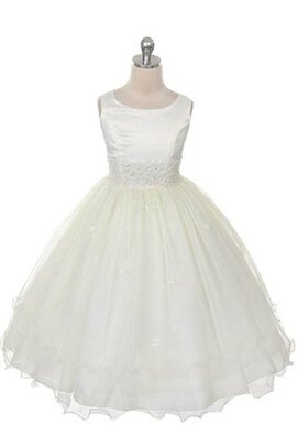 Robe cortège fille au niveau de genou a-ligne decoration en fleur avec nœud textile en tulle