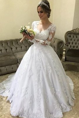 Robe de mariée en satin de traîne courte avec manche longue junoesque de col en v