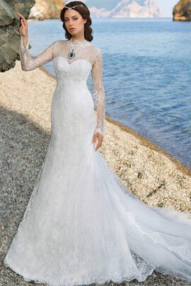 Robe de mariée de traîne moyenne en tulle appliques gaine avec manche longue