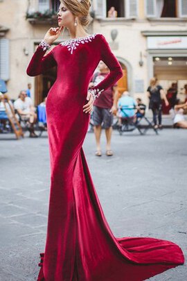 Robe de bal plissage de traîne moyenne avec perle avec manche longue décolleté dans le dos