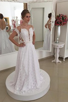 Robe de mariée naturel encolure ronde ligne a avec manche courte de traîne courte