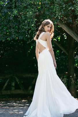 Robe de mariée vintage avec chiffon de col en v manche nulle avec décoration dentelle