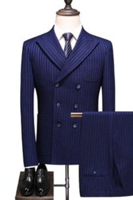 Rayé 3 pièces costumes pour hommes bleu marine double boutonnage vêtements