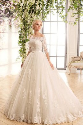 Robe de mariée avec manche 1/2 decoration en fleur epaule nue a-ligne textile en tulle