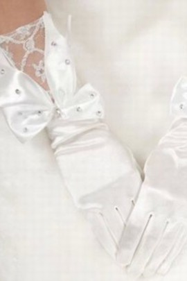 Satin avec cristal blanc élégant | Gants de mariée modestes