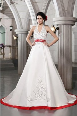 Robe de mariée longue avec sans manches de princesse avec perle en satin