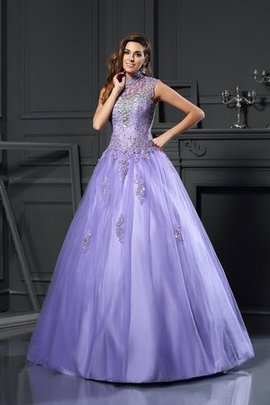 Robe de quinceanera manche nulle elevé avec perle cordon longueur au niveau de sol