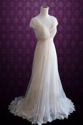 Robe de mariée vintage avec manche courte de traîne courte avec nœud col en v foncé