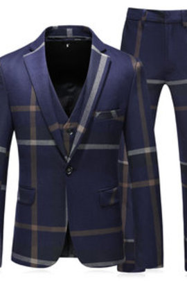 Veste de smoking costume hommes bleu hommes costume marine plaid 3 pièces