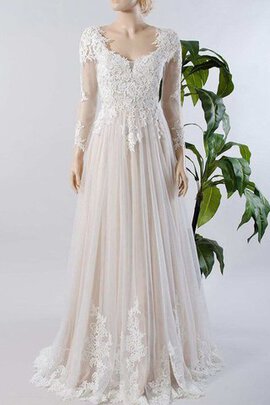 Robe de mariée plissage facile de col en v avec manche longue col u profond