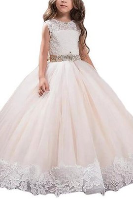 Robe cortège fille manche nulle encolure ronde en tulle de mode de bal avec fleurs