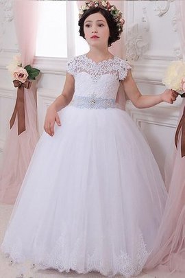 Robe cortège fille naturel en tulle de mode de bal avec fleurs col u profond