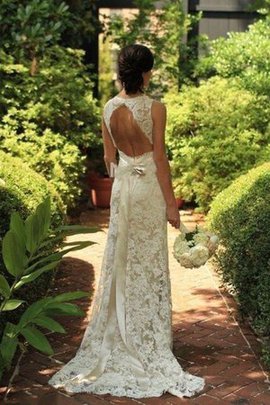 Robe de mariée naturel avec décoration dentelle manche nulle collant v encolure