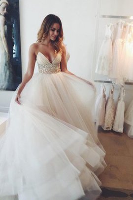 Robe de mariée naturel de mode de bal avec cristal bandouliere spaghetti en tulle