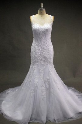 Robe de mariée naturel de traîne moyenne longueru au niveau de sol encolure ronde avec perle