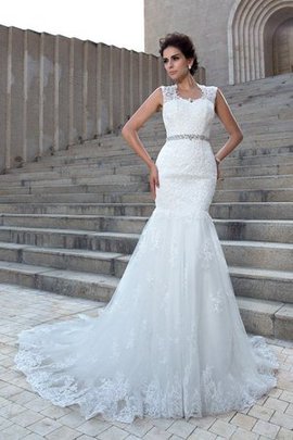 Robe de mariée longue de sirène appliques v encolure de traîne mi-longue