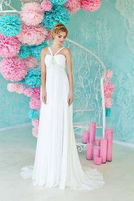 Robe de mariée longue plissage avec perle bandouliere spaghetti de tour de ceinture en haute