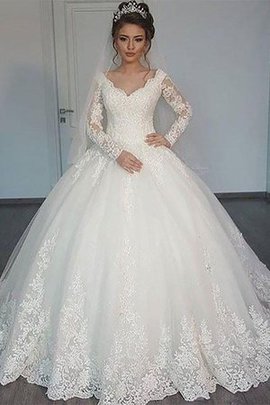 Robe de mariée naturel v encolure de mode de bal en tulle avec manche longue