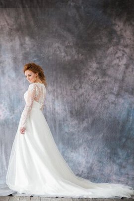 Robe de mariée naturel de traîne mi-longue encolure ronde avec manche longue ligne a