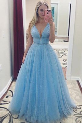 Robe de soirée séduisant en tulle de col en v avec sans manches avec perles