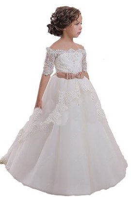 Robe cortège fille avec fleurs de mode de bal ceinture textile en tulle epaule nue