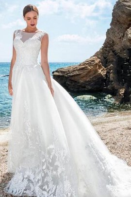 Robe de mariée au bord de la mer avec zip de traîne courte decoration en fleur avec bouton