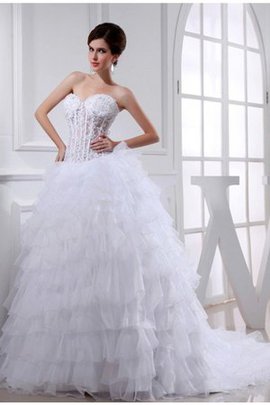 Robe de mariée cordon de traîne mi-longue en organza avec perle manche nulle