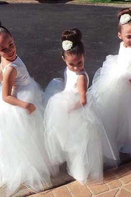 Robe cortège fille naturel en tulle avec sans manches au niveau de cou avec fleurs