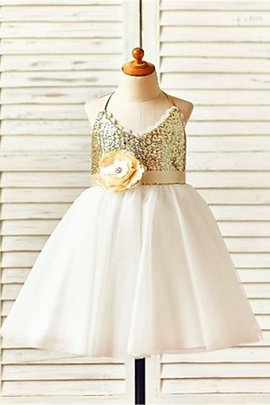 Robe cortège fille naturel avec fleurs en tissu pailleté en tulle de princesse