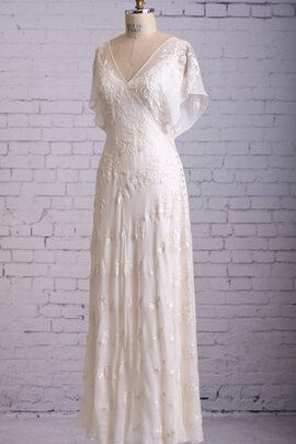 Robe de mariée plissage romantique avec décoration dentelle boutonné avec manche courte