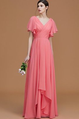 Robe demoiselle d'honneur naturel ruché de col en v de princesse avec manche courte