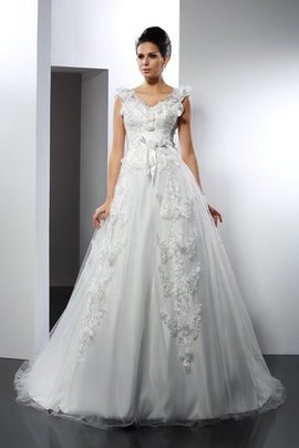 Robe de mariée longue avec décoration dentelle a-ligne fermeutre eclair en satin