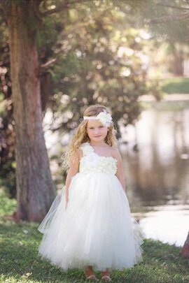 Robe cortège fille plissé avec fleurs jusqu'au sol en dentelle manche nulle